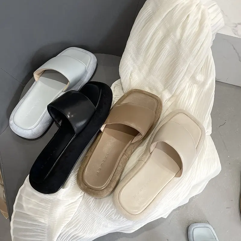 

Shoes Ladies' Slippers Low Slipers Women Loafers Soft Girl Summer 2021 Rubber Casual PU Basic Fabric Rome Hoof Heels Slides