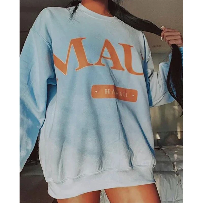 

Vintage Sweatshirt Women Sky Blue Letter Print Oversized Loose Casual O Neck Long Sleeve Thin Pullover Fashion Tops 2021 Spring