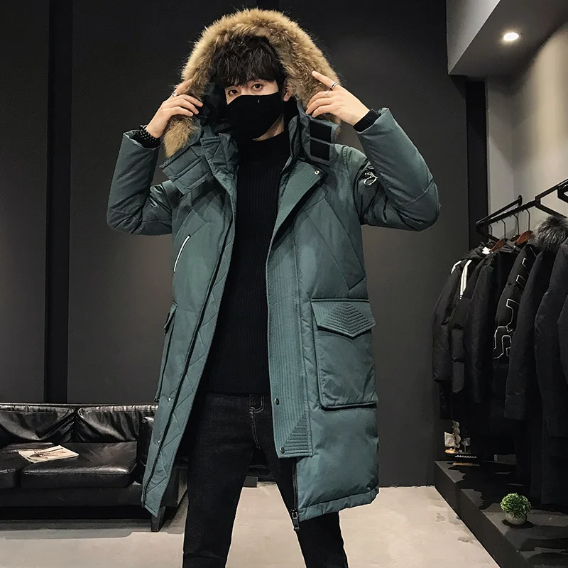 2021 New Winter Jacket Men's Thick High Quality Mid-Length Large Fur Collar Outdoor Youth Men Over The Knee Hooded Down Jacket