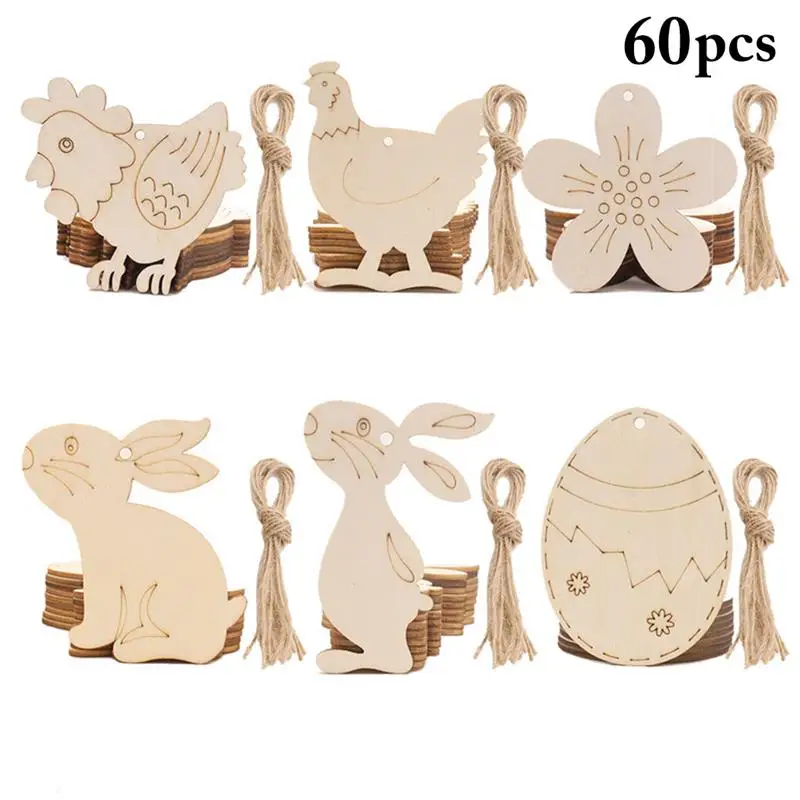 

60PCS Easter Wooden Slice Cute DIY Painting Wood Embellishments with Twine for Easter Party