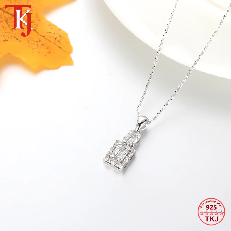 

TKJ 925 Silver Gemstone Pendant Necklace with 40cm Chain for Women Baguette CZ Zircon Link Chain Necklace Party Wedding Jewelry