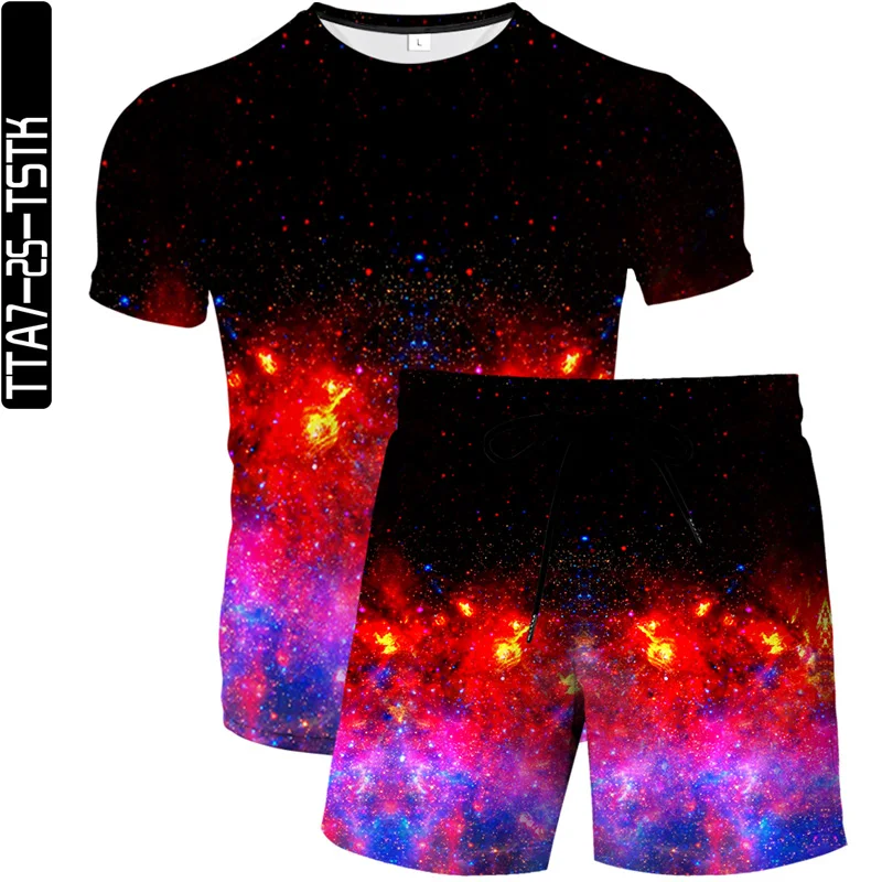 

2021 summer new men and women 3D printing beach pants fashion boutique T-shirt two-piece colorful galaxy elements