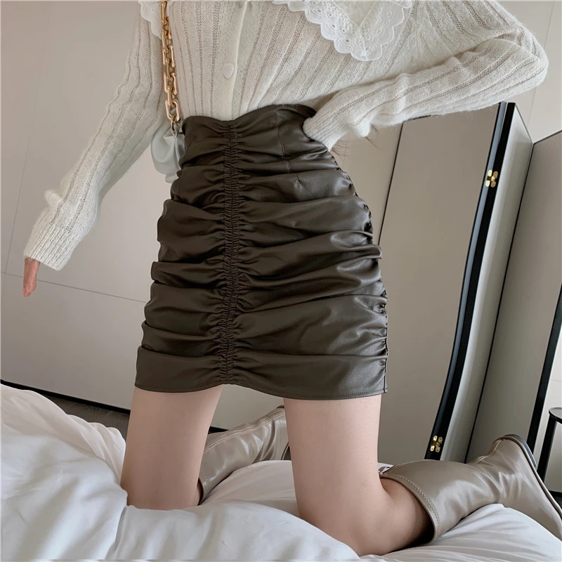 

CHIC Classic Mini Leather Skirt Women High Waist Fashion Casual Faux Leather A-Line Bodycon Pleated Skirt Ladies Punk Clothes