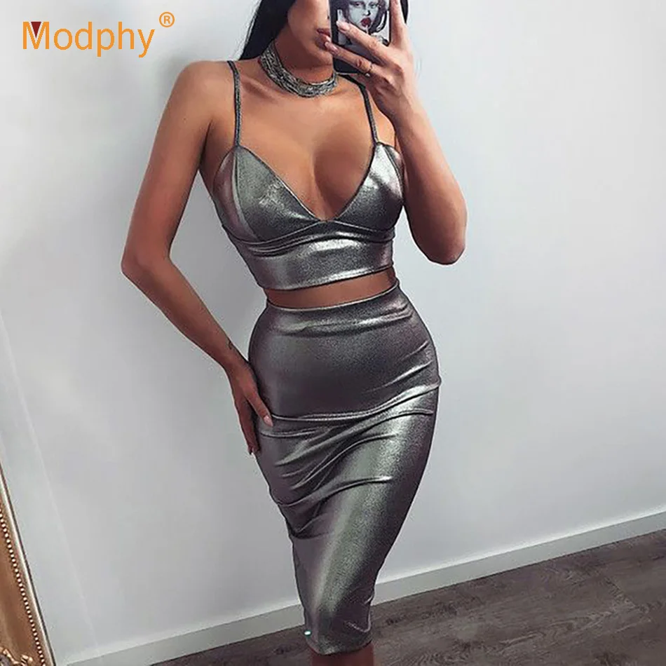 Модфи 2020 Весна Новый женский Блестящий серебряный костюм сексуальный Спагетти