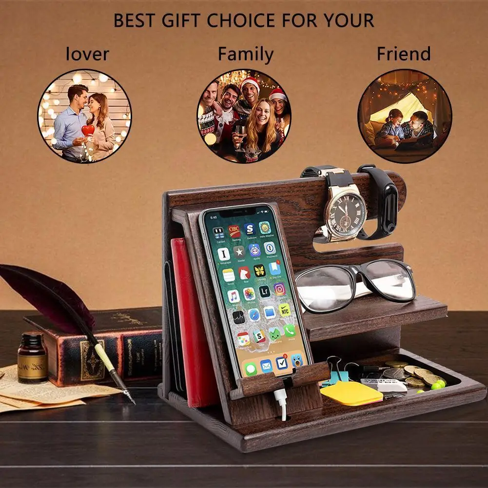 

Wood Phone Stand Charging Dock Station Mobile Phone Desk Holder Wooden Watch Organizer Rack Gadgets For For Iph Y2v3