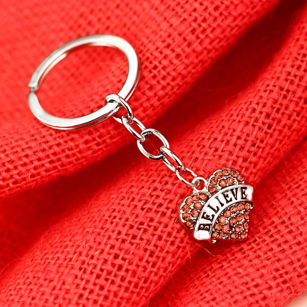 

12PC Letter Believe Love Heart Pendant Pink Crystal Rhinestone Keychain Women Family Friends Keyring Jewelry Gifts Bags Keyfob