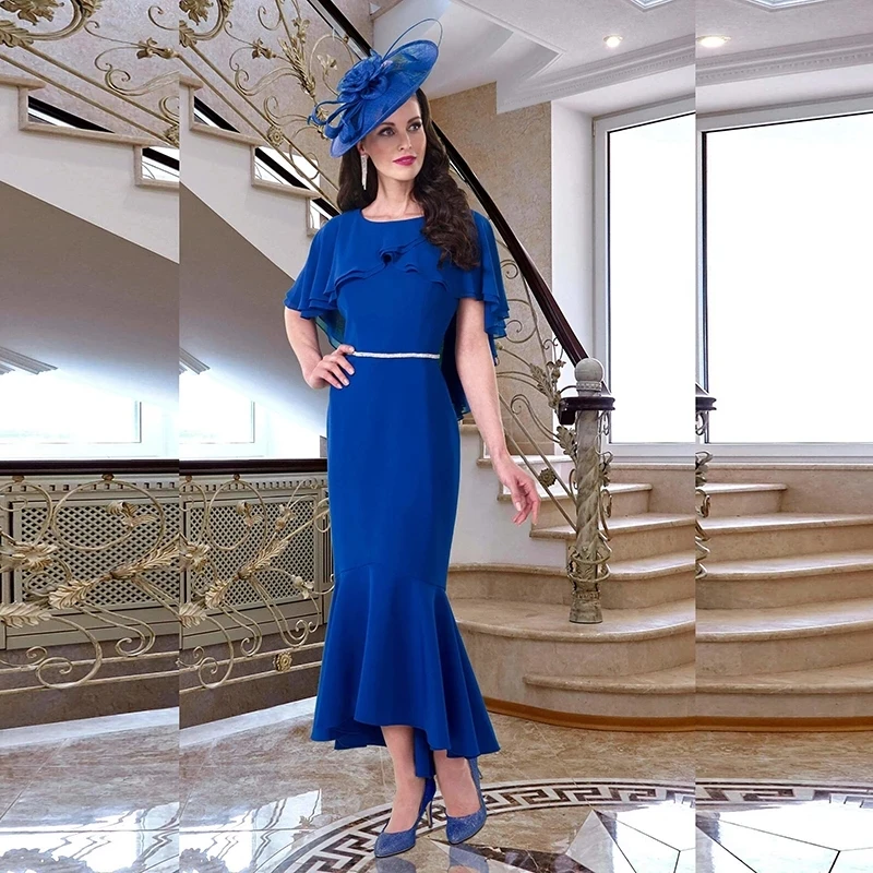 

Royal Blue Mother Of The Bride Dresses Mermaid Scoop Tea Length Chiffon Short Groom Mother Dresses For Wedding