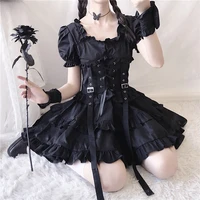 new2021 victorian renaissance black gothic lolita dress japanese girl vintage punk style puff sleeve bandage mini dress women