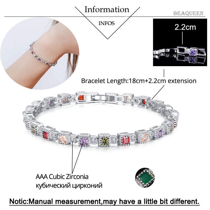 Женский Хрустальный Теннисный браслет BeaQueen зеленый фиолетовый красный шампань