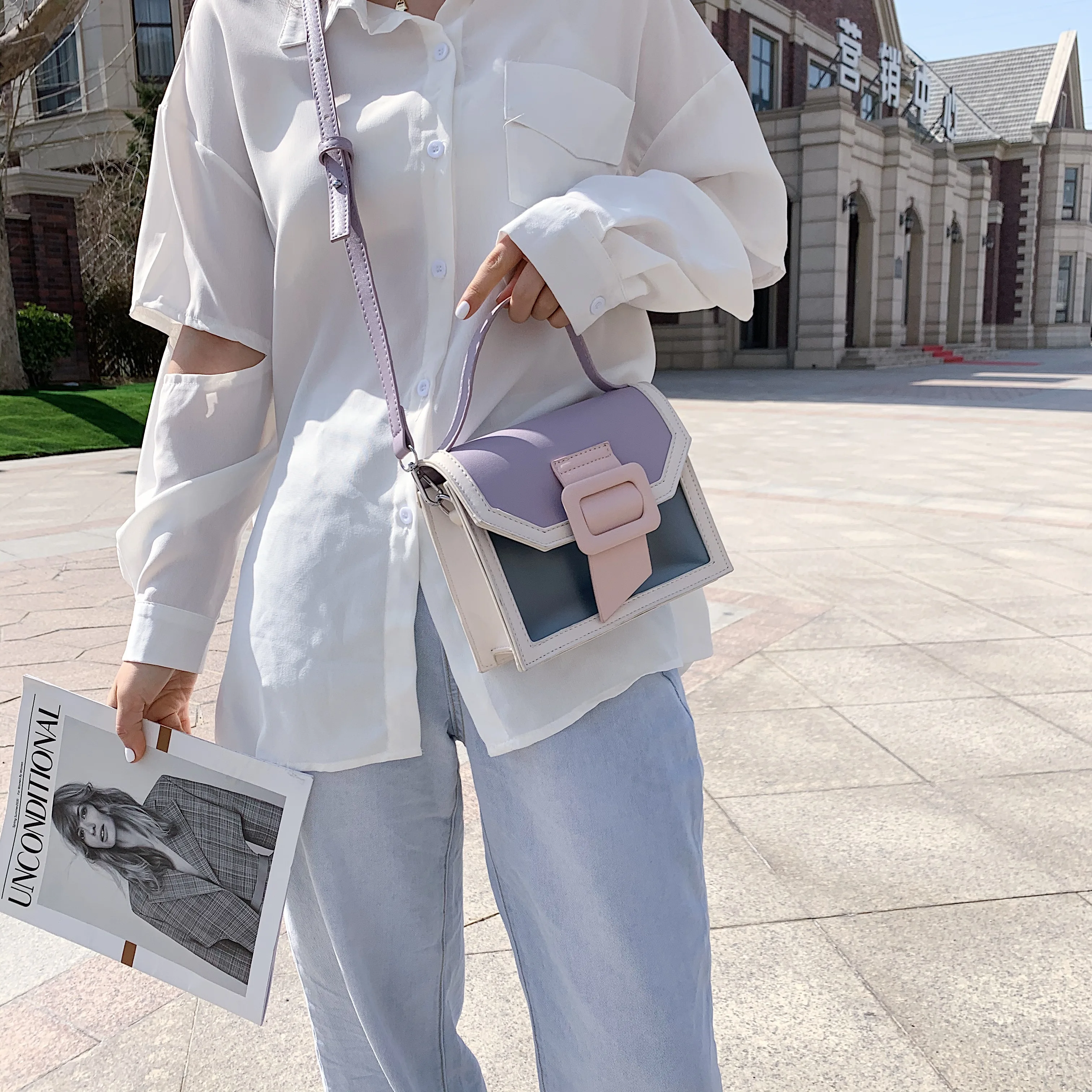 Сумка-мессенджер из искусственной кожи контрастных цветов для женщин 2020