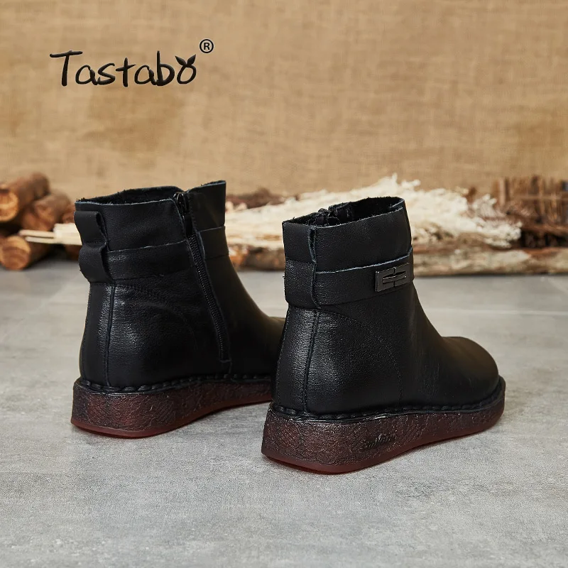 

Tastabo Genuine Leather ladies ankle boots vintage style Brown Black S3099 Comfortable soft bottom Low heel women's shoes