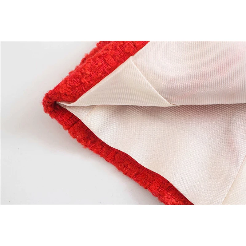 

Evfer Fashion Women Double Breasted Long Sleeve Za Red Tweed Slim Blazer Outwear Chic Lady Casual Double Pockets Thick Jackets