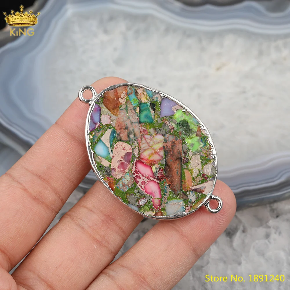 

5pcs Natural Sea Sediment Jaspers Slab Connector Necklace Charms,Plated Gold Bails Emperor Oval Charms For DIY Jewelry Making