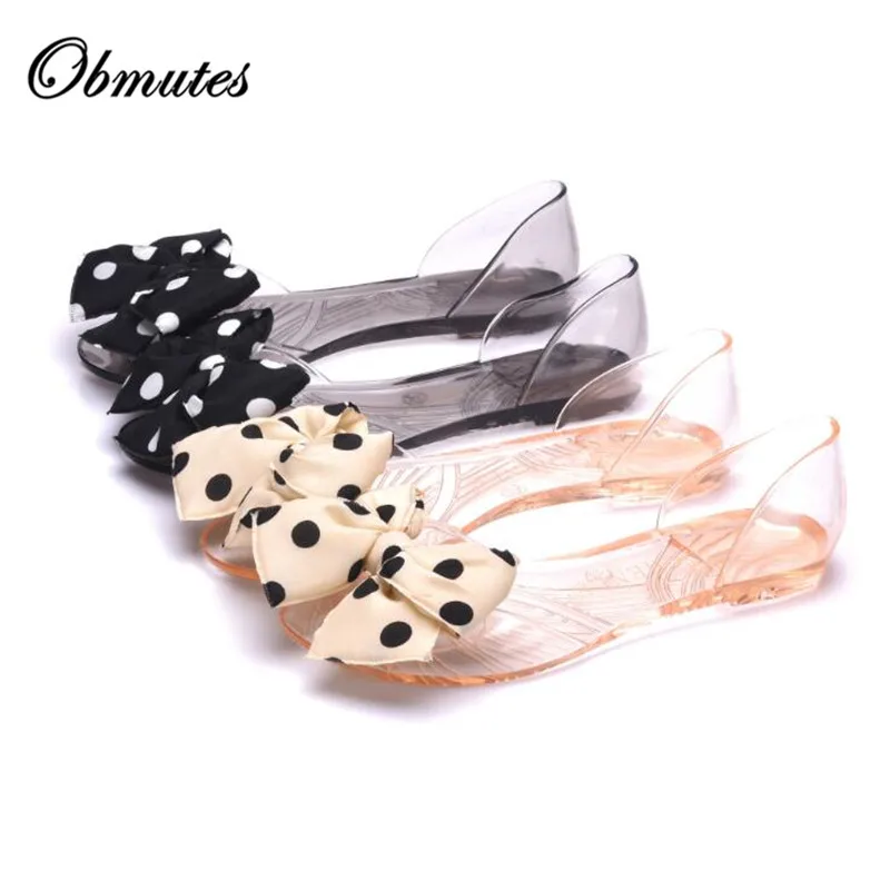 Сандалии-желе на плоской подошве красивые с волнистым носком бантом для