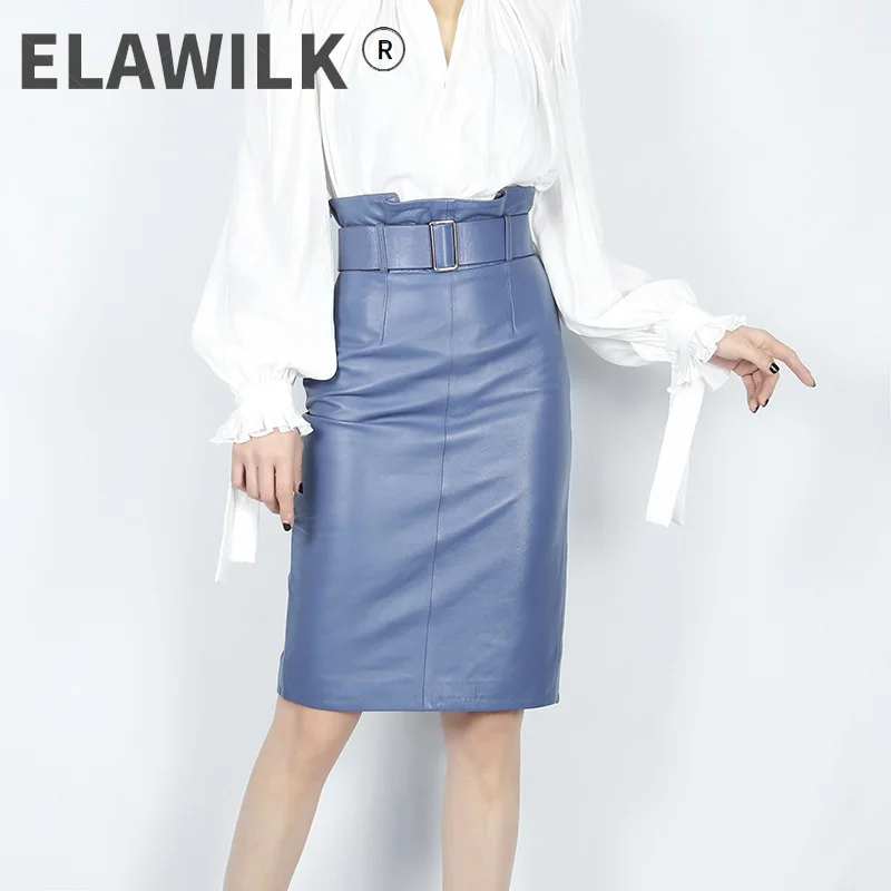 

Chic women's high quality high-rise belt leather skirts fashion OL genuine leather pencil skirt B344