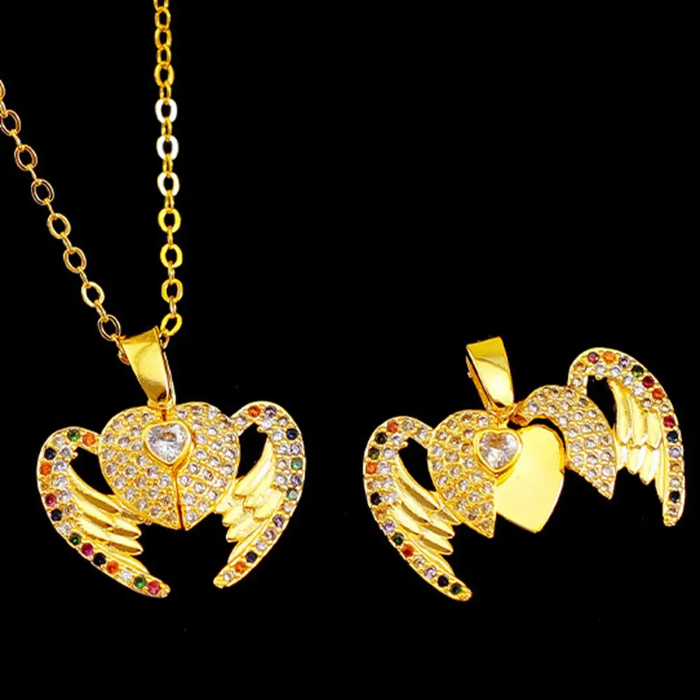 

Exquisite Wing Heart Pendant Chain Yellow Gold Filled Womens Girl Charm Pendant Necklace With Colorful Zircon Inlaid