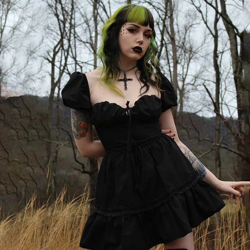 

Fitshinling Plaid Vintage Gothic Short Dresses For Women Ruffles Slim Sexy Gothic Dark Robe A-Line Puff Sleeve Vestido Femme New