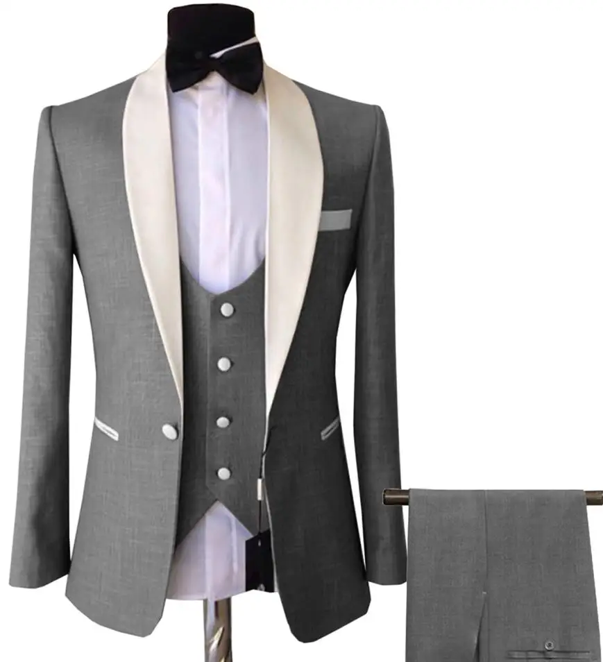 

New Style Groomsmen Shawl Ivory Lapel Groom Tuxedos Grey Men Suits Wedding Best Man ( Jacket+Pants+Bow Tie+Vest )