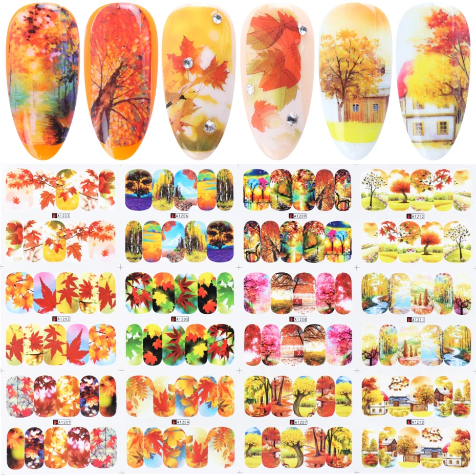 12 шт. наклейки для дизайна ногтей Снежинка Кленовый лист Водная передача Полные