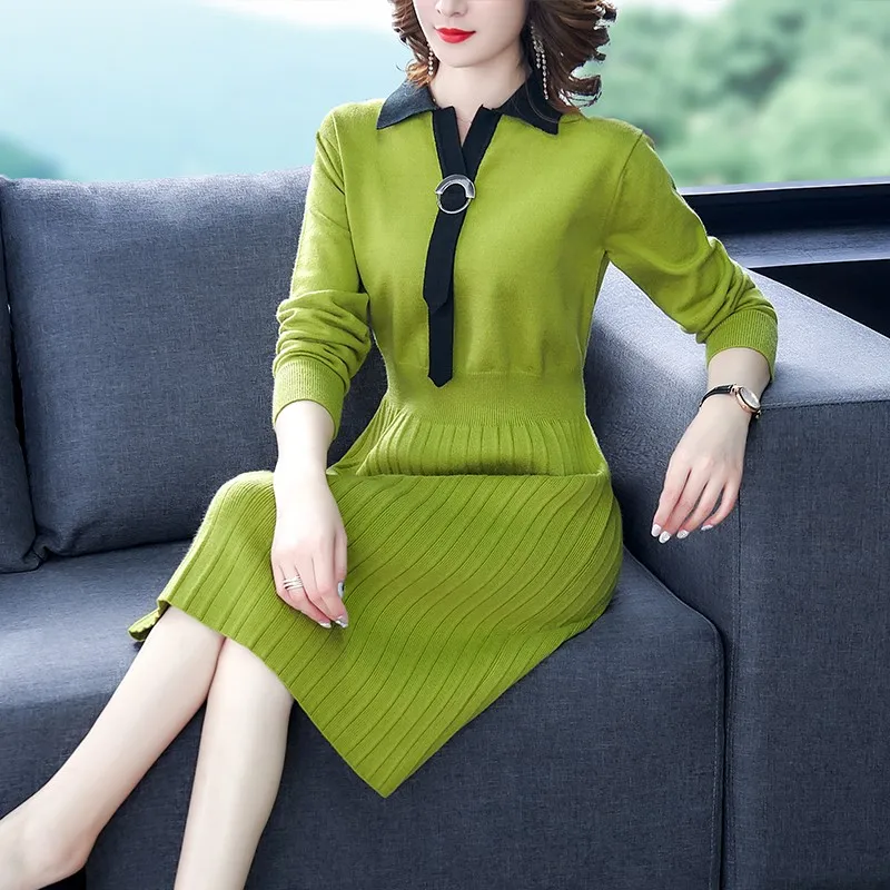 Новый элегантный OL отложной тонкий длинный свитер платье женское плотное
