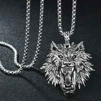 ferocious wolf head pendant necklaces for men long chain stainless steel silvery cool punk necklace male trendy jewelry gift