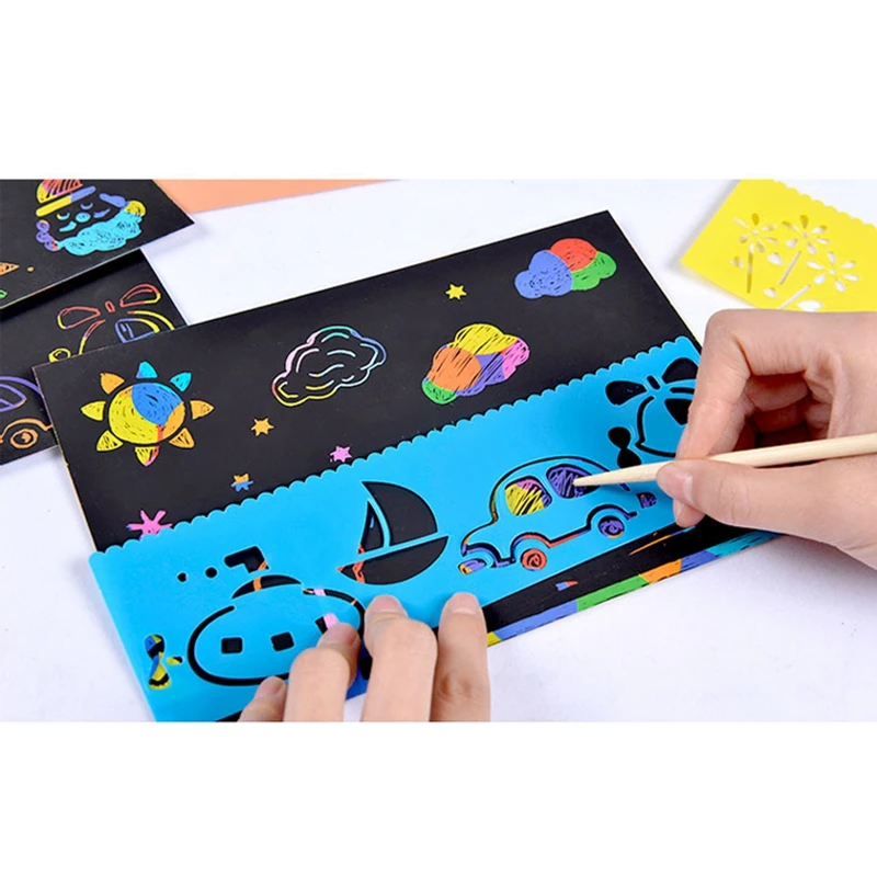 

50 Sheets Kids Scratch Art Paper Magic DIY Colorful Rainbow Scratch Cards Set Graffiti Stencil for Scraping Drawing Toys