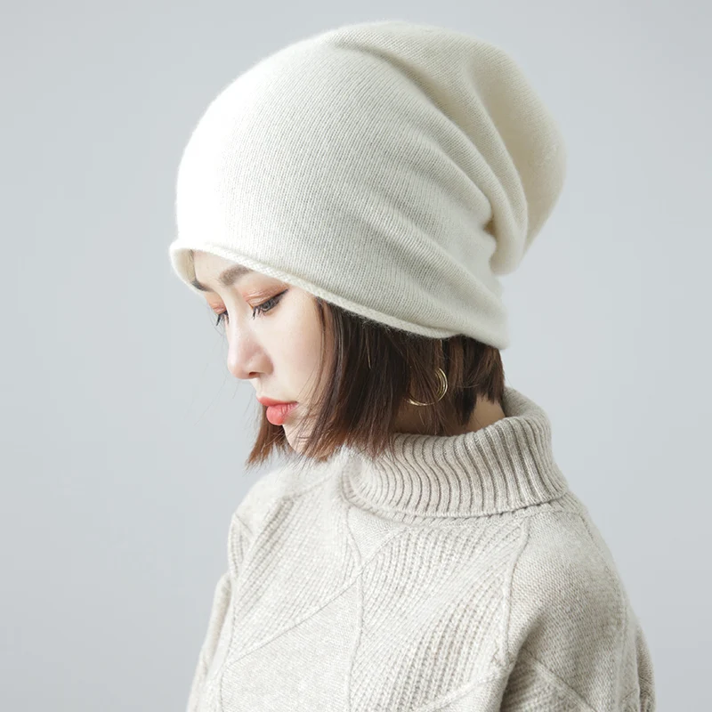 

Women 30% Cashmere Thin Caps Simple Solid Rolled Hem Hat Blends Soft Yarn Knit Hat Beanies Wool Winter Spring Warm Caps Skullies