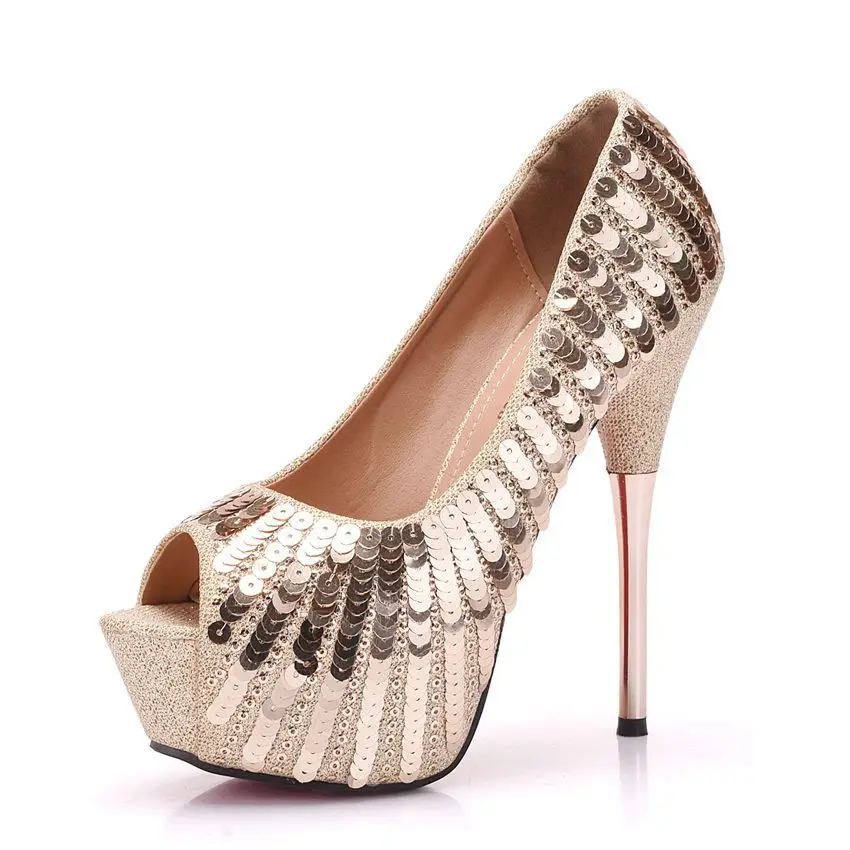 

2019 spring and summer new sexy lady high-heeled sandals exquisite match fish mouth gold glitter large waterproof platform 14CM