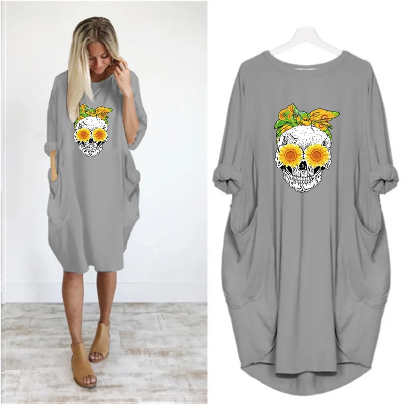 

Harajuku Skull Print Plus Size Women Nightdress Long Sleeve Oversize Homewear Thin Punk Loose Nightdress Kawaii Fashion