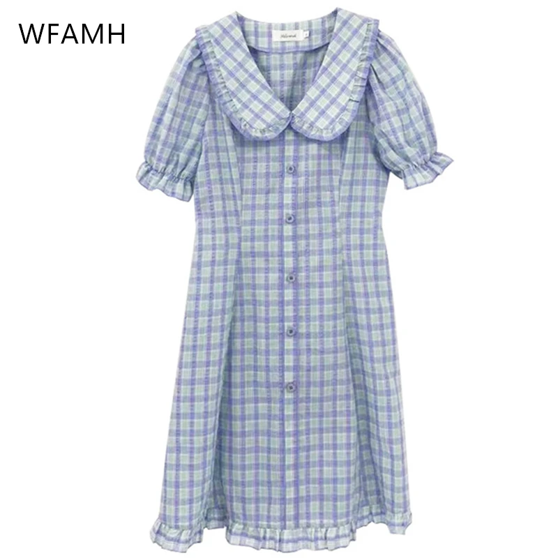 

Plaid Short-sleeved Doll Neckline Puff Sleeve Woven Slim A-line Dress 2023 Summer Fashion New Plus Size Hedging Women's Clothing