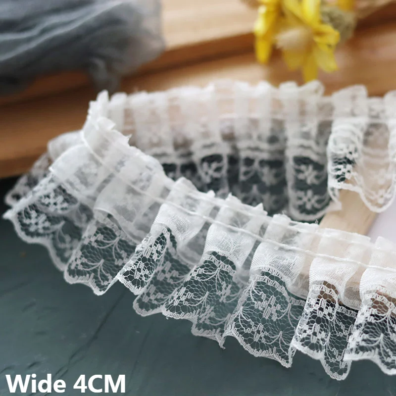 

4CM Wide Double Layers Pink White Organza Mesh Pleated Fabric Fringe Ribbon Lace Collar Ruffle Trim Cloth Sewing Splicing Decor