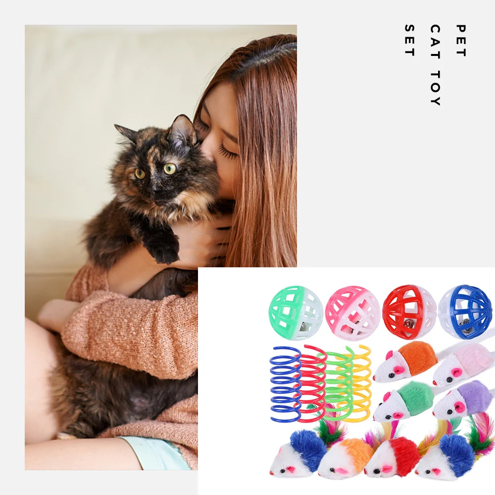 

Pet Cat Toy Set Funny Small Bell Mouse Cage Toy Plastic Pet Toy Combo Set Toy Artificial Colorful Teasing Toy Pet Cat Supplies