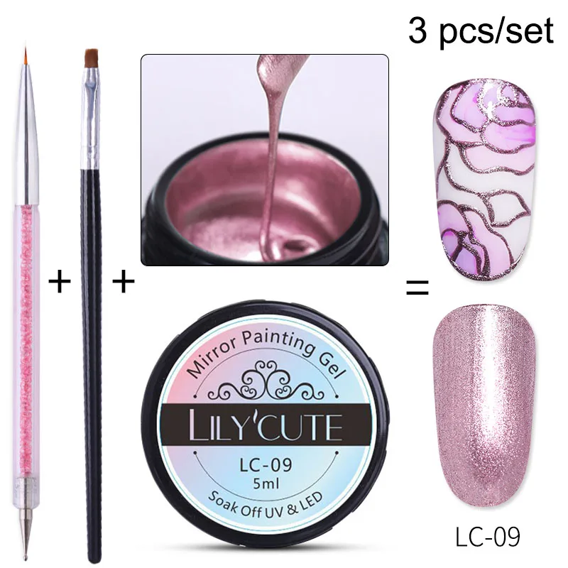 3pcs LC-09 LILYCUTE металлическое зеркало набор гель-лаков для ногтей металлическое зеркало Гель-лак для живописи Нейл-арт Рисование длительное впитывание УФ-гель - Цвет: 3pcs LC-09