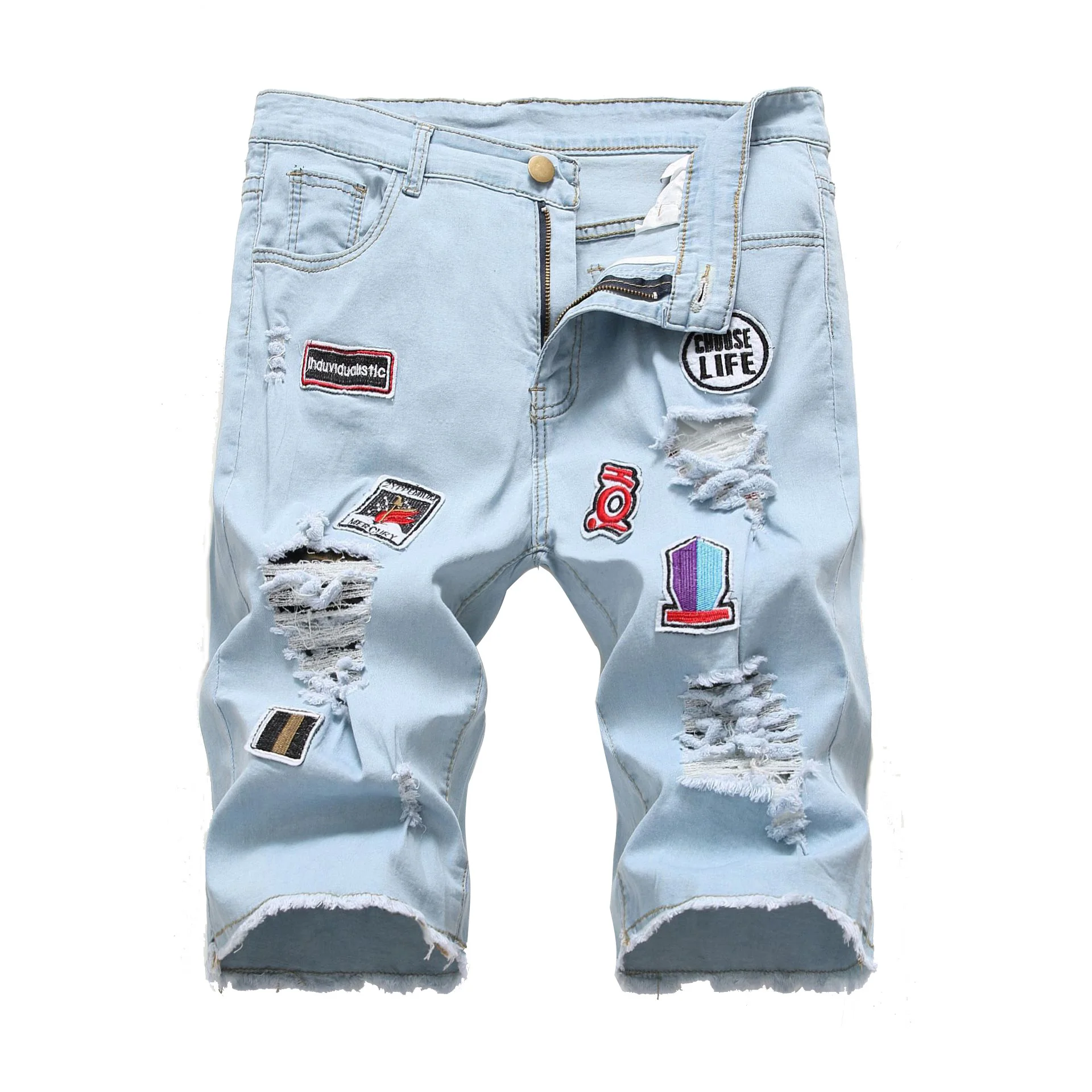 Мужские рваные джинсовые шорты светло голубые бриджи в стиле пэчворк из стрейч