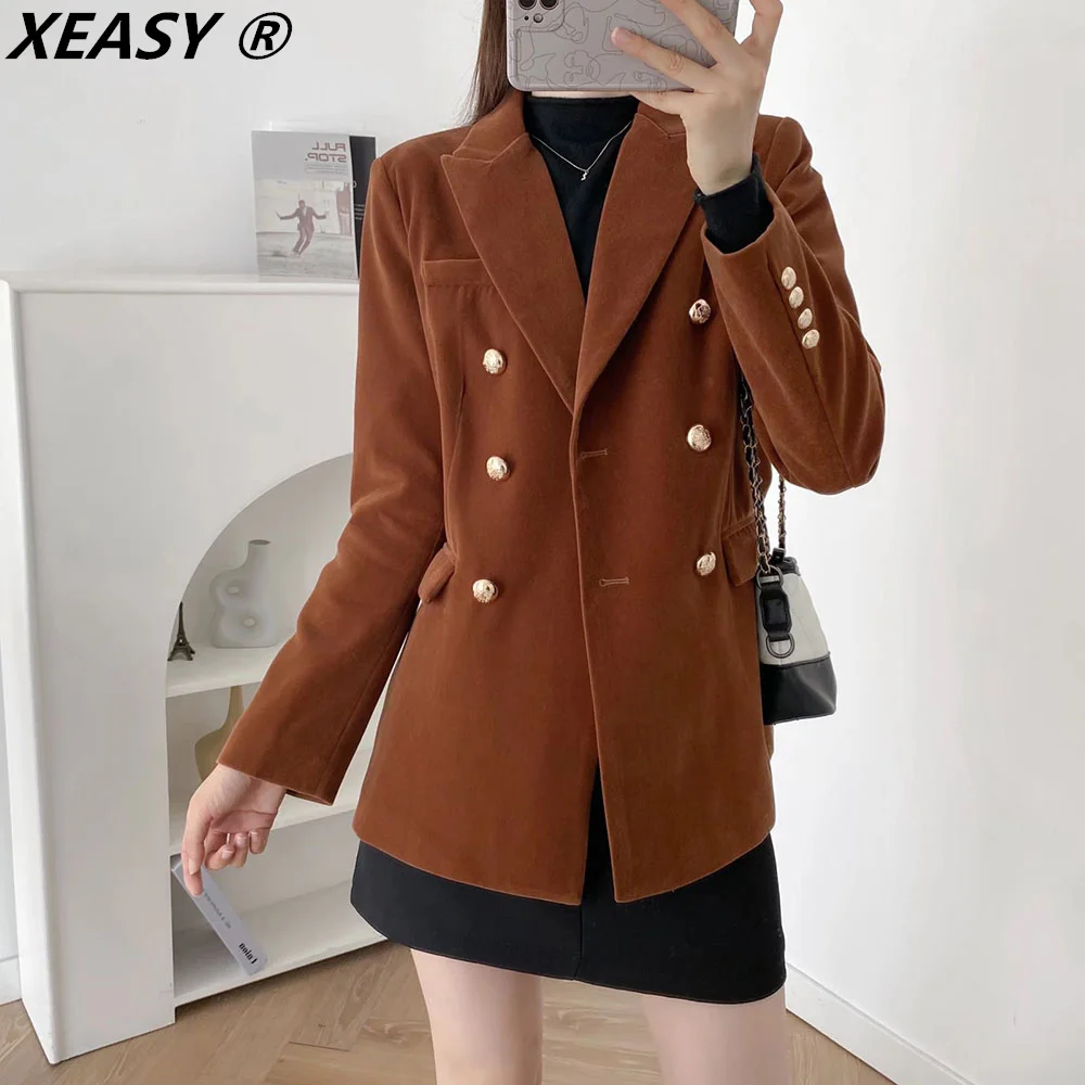 

XEASY Double Breasted Blazer Women Jackets For Women 2021 Autumn Female Blazer Coat Brown Women Elegant Office Lady Blazers