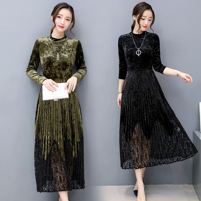 Large size M-XXXL vrouwen jurk 2019 Autumn winter Gold velvet Long sleeved slim temperament lace long | Женская одежда