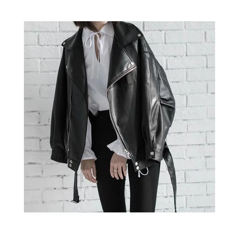 

High Quality Spring Black PU Leather Loose Turn-down Collar Zipper Fashion Loose Women Wild Jacket Belt Biker Outerwear
