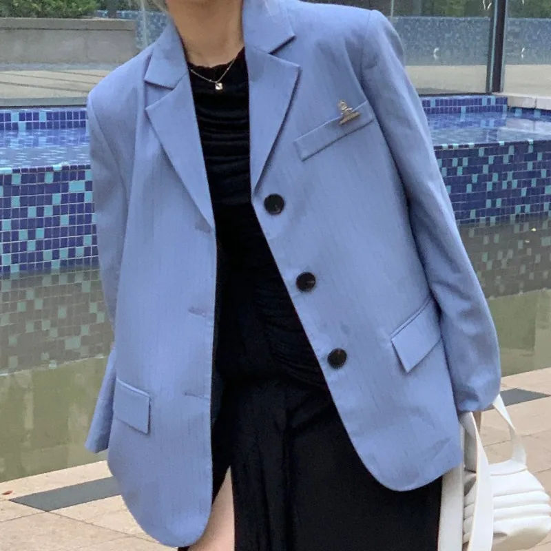 

Blazer Women New Solid Color Single Breasted Long Sleeve Jackets All-match Office Lady Work Wear Coat Blue Jacket Autumn 2021