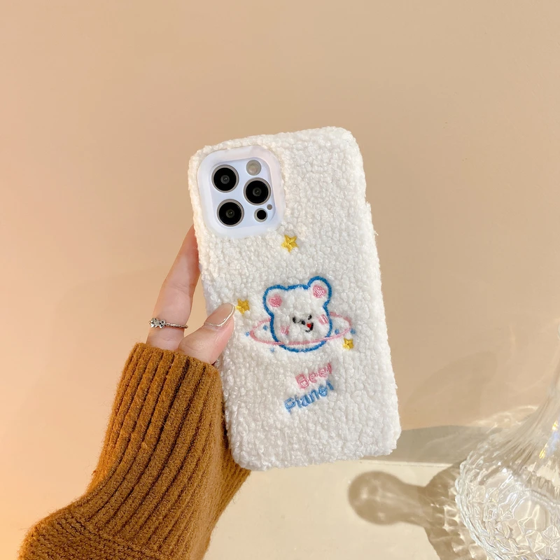 

Cute Cartoon Bear Soft Furry Phone Case For iPhone 13 12 11 Pro Max Capa Winter Warm Plush Cover For 7 8 Plus X Xs Max Xr Funda