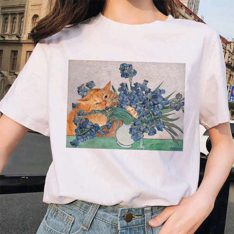 Van gogh женская футболка с рисунком кота, Рисунок маслом, решетка, принт, новая милая женская футболка, Повседневная футболка Harajuku, забавная футболка ulzzang grunge - Цвет: 9245