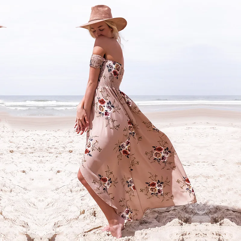 

2020 Vrouwen Sexy Bloemen Jurk Zomer Split Maxi Beach Zonnejurk Off Backless Jurk Boho Lange Jurken Femme Maxi Dresses for Women