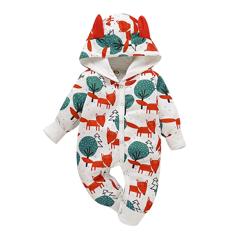 Infant Baby Cartoon Fox Romper Autumn and Winter Long Sleeve Hooded Jumpsuit Baby Boys Girls Clothes Newborn Baby Clothing