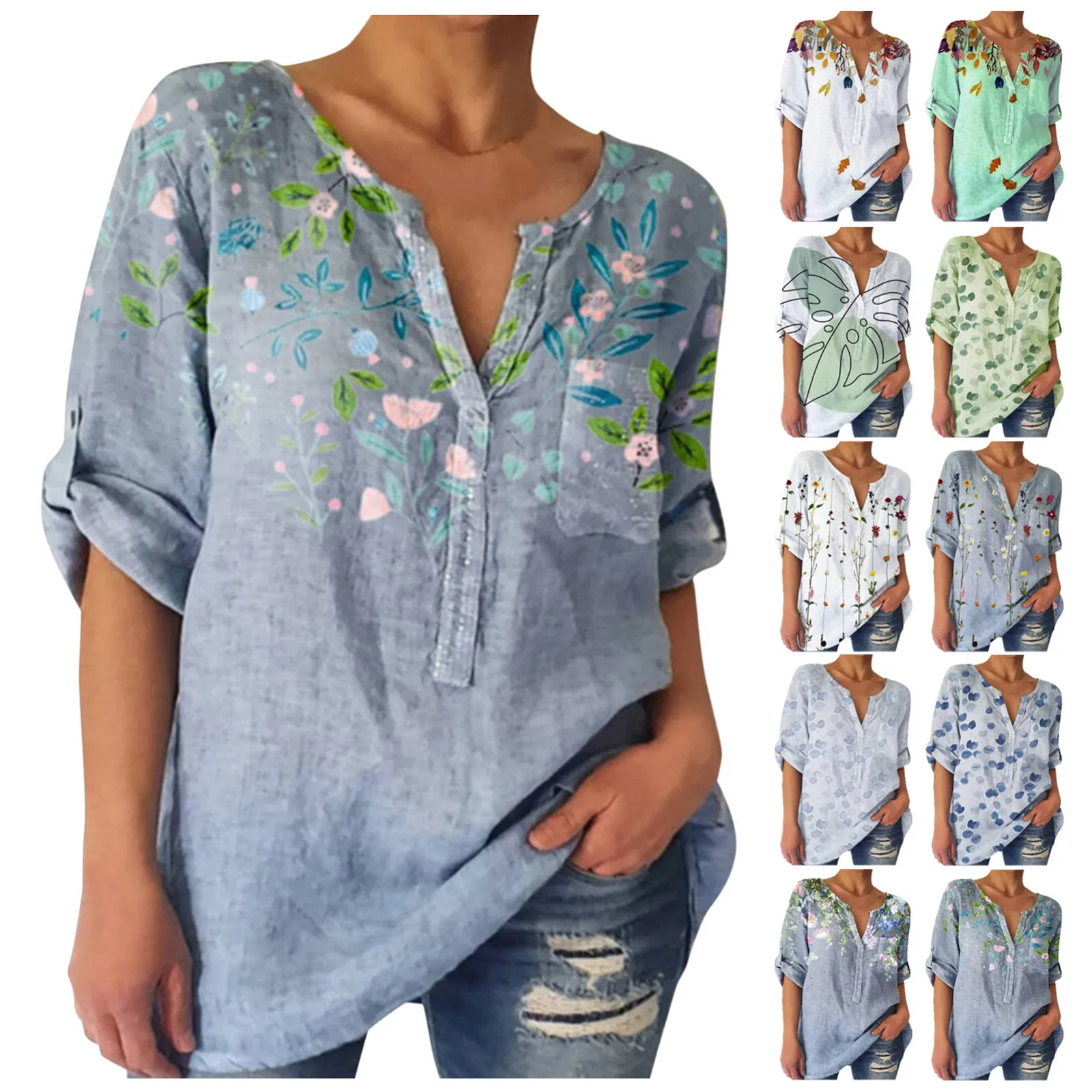 

Street Style Lady Casual Tops Summer Loose Elegant Pullover Shirts For Women V-neck Print Short-sleeved Vintage Blouse Blusas R5