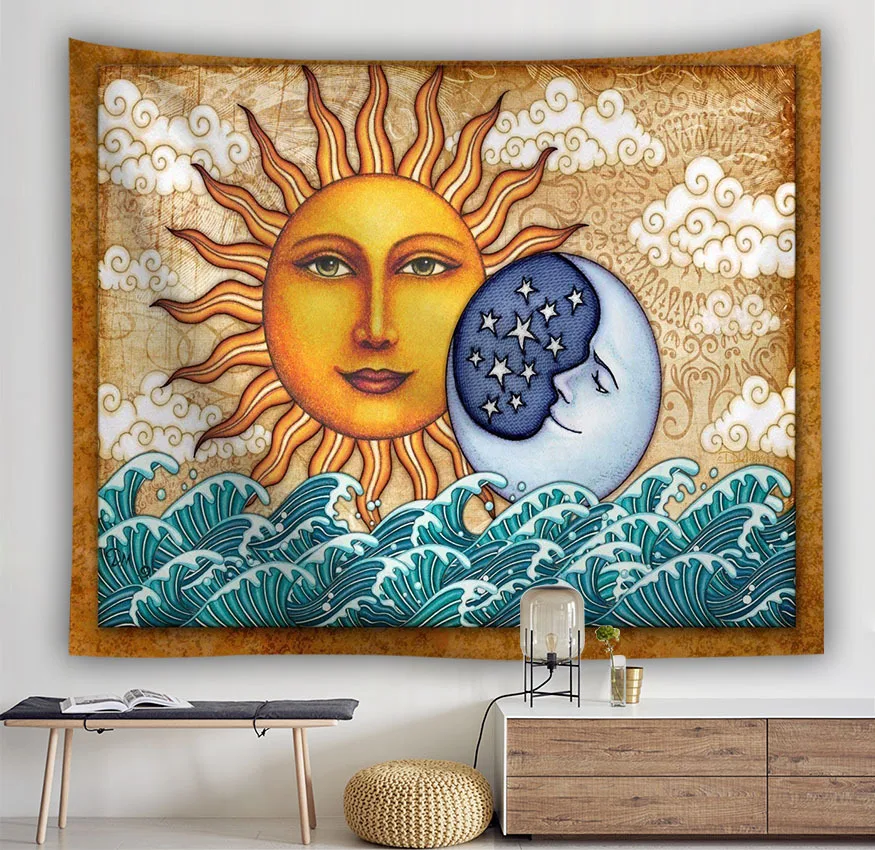 Sun Moon Tapestry Wall Hanging Hippie Bedspread Throw Cover Home Decors Tarot Magical Skeleton | Дом и сад