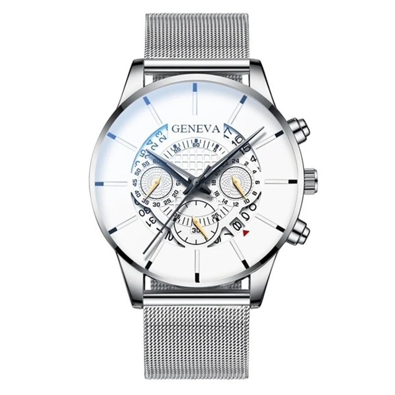 silver-white GENEVA мужские часы лучший бренд класса люкс Модные Бизнес Календарь нержавеющая сталь кварцевые наручные часы Мужские часы relogio masculino - Цвет: silver-white