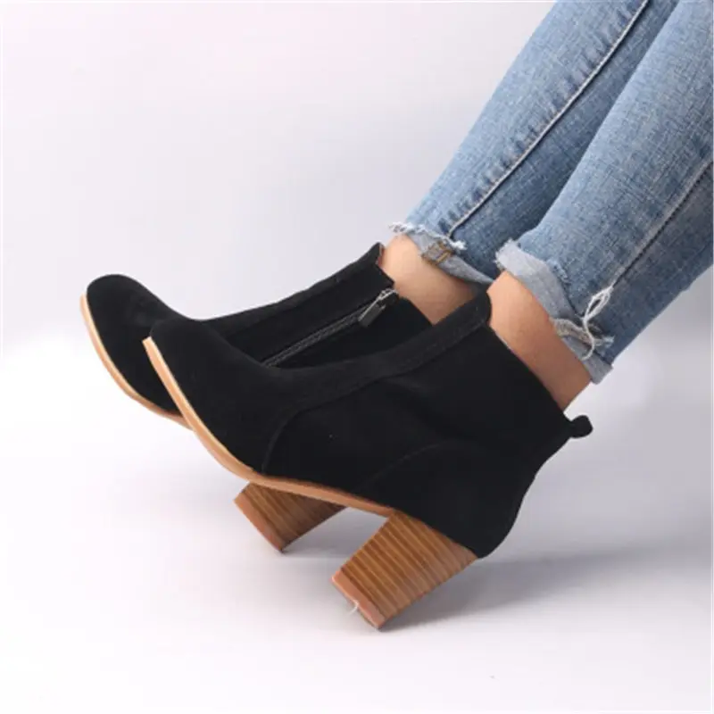 

2019 Women Boots Flock Ankle Boot Autumn Winter Women Solid Boots Mid-Heel Stretch Fabric Boots Footwear Plus Size 35-42