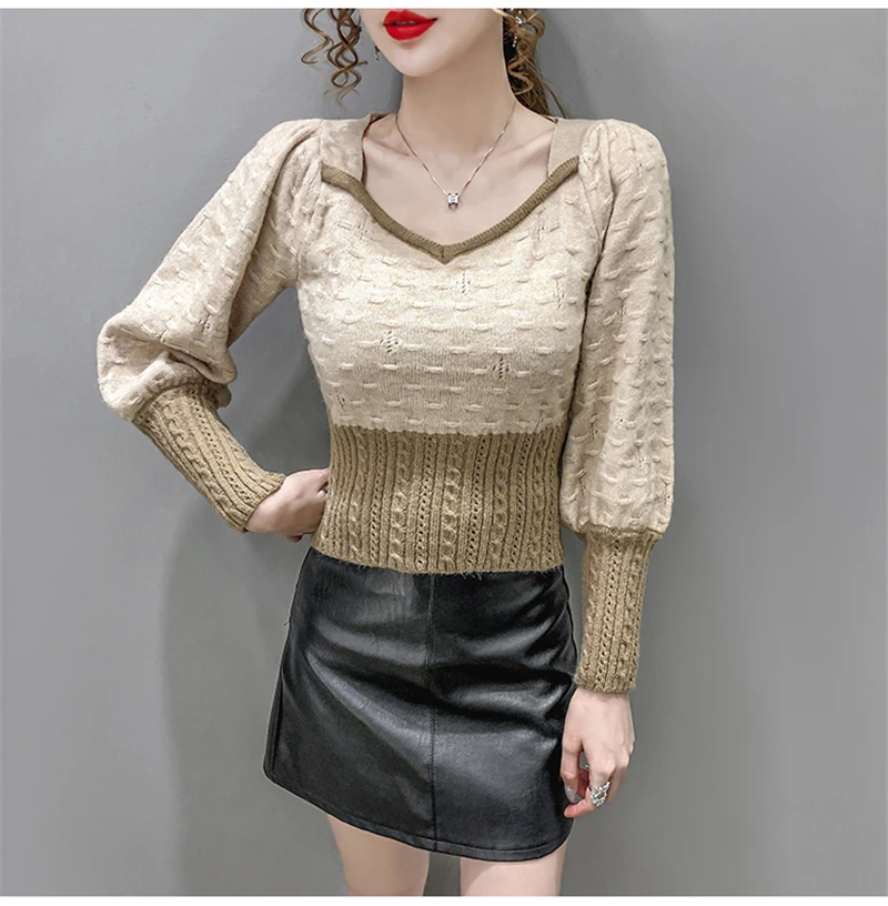 

Fashion Peach Heart Collar Puff Sleeve Knitted Sweater Women Elegant Slim Tunic Short Pullover Tops