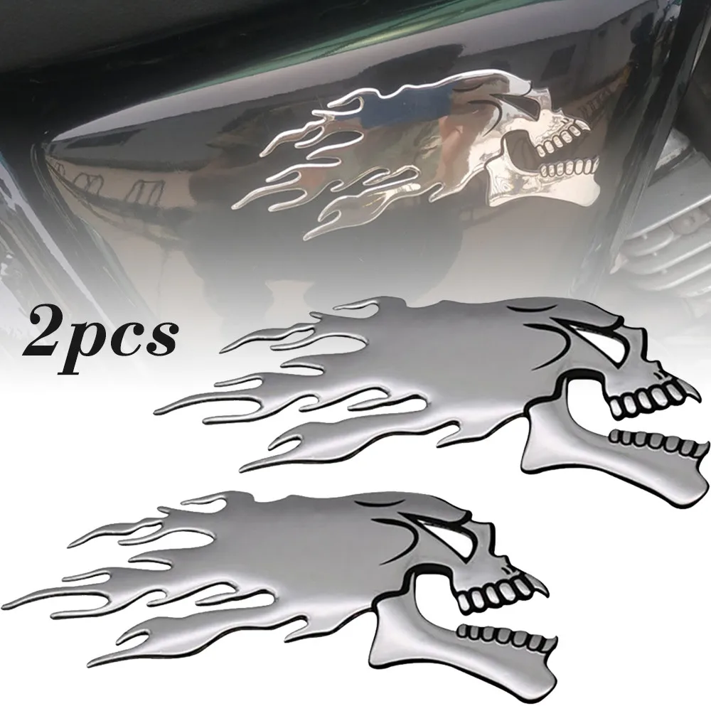 

2pcs 3D Car Sticker Motorbike Motorcycle Tank Car Sliver Flaming Skull 3D Gel Sticker Decal L/R Pair Auto Decoration