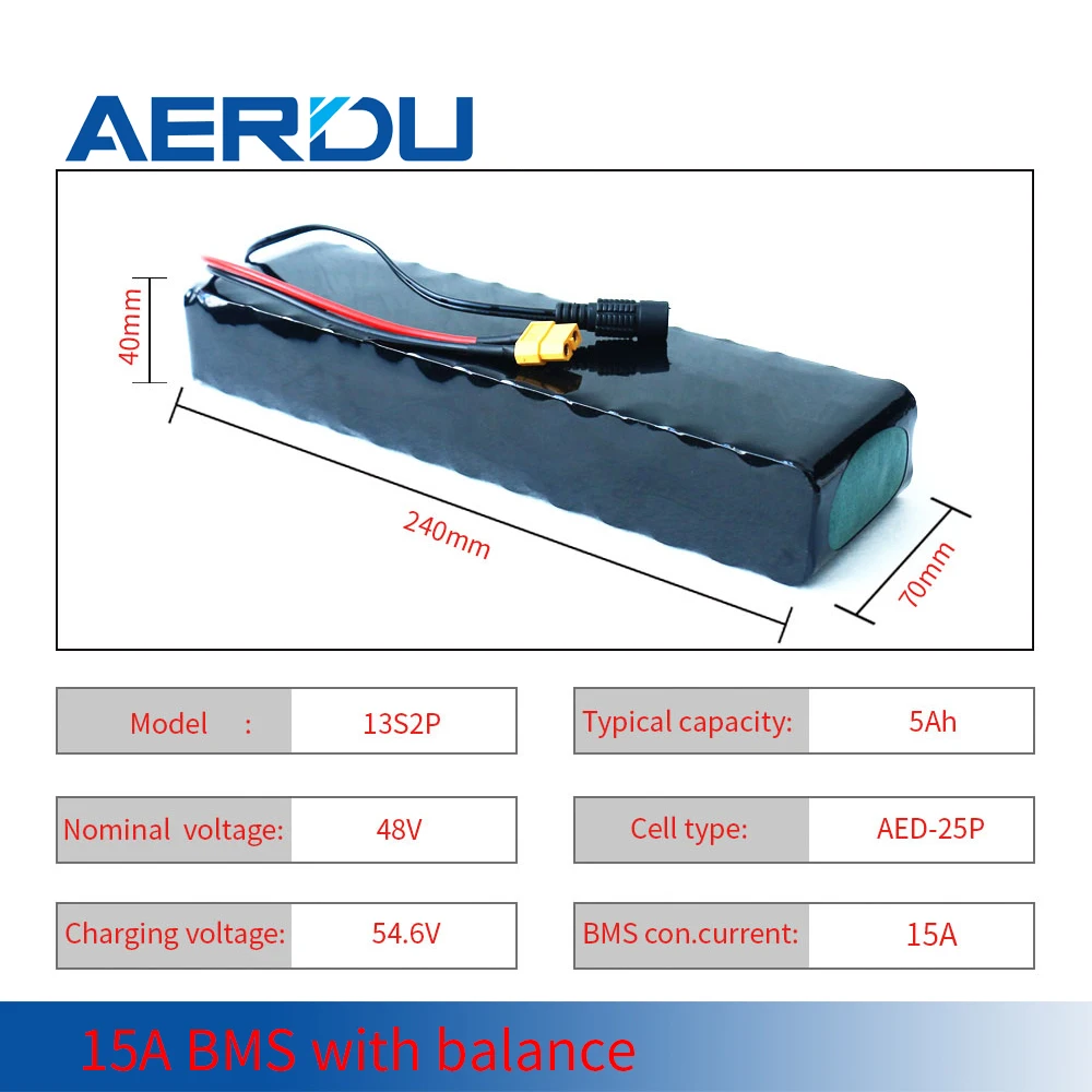 Перезаряжаемый литиевый аккумулятор AERDU 48 В 13S2P 5Ah 18650 с поддержкой 500 Вт 450 для