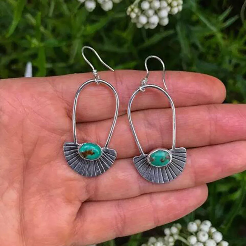

New Ethnic Style Earrings Temperament Fan-Shaped Stone Retro Court Old Corrugated Metal boho jewelry Gift to girlfriend